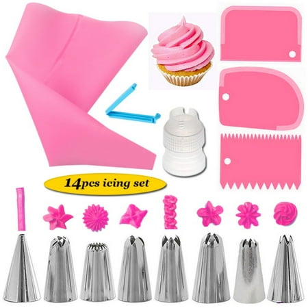 

14 Pieces Cake Decorating Kit Supplies With 8 Stainless Steel Piping Nozzle Tips 1 Pastry Bag 1 Bag Clip 3 Icing Smoother Spatulas 1 Coupler