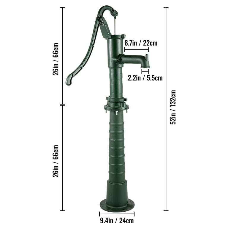 VEVOR Hand Water Pump 15.7 in. x 9.4 in. x 51.6 in. Cast Iron Pitcher Pump  26 in. Pump Stand For Yard Ponds Garden, Green YLSFB1AAUECL03ENEV0 - The  Home Depot