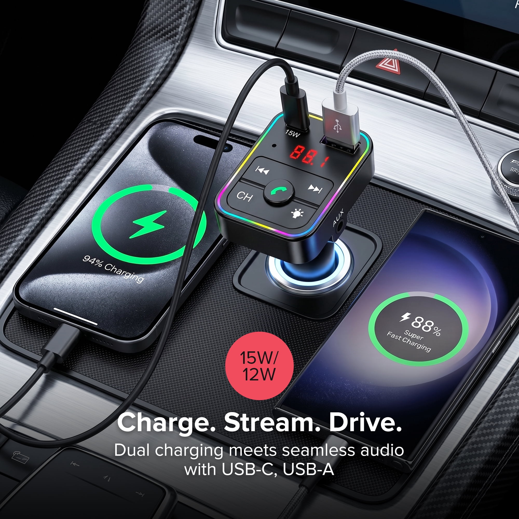 onn. Bluetooth FM Transmitter and Car Charger with USB-C 15W and USB-A 12W Charging, Hands-Free Calling, AUX Port, LED Display and Multicolor Light