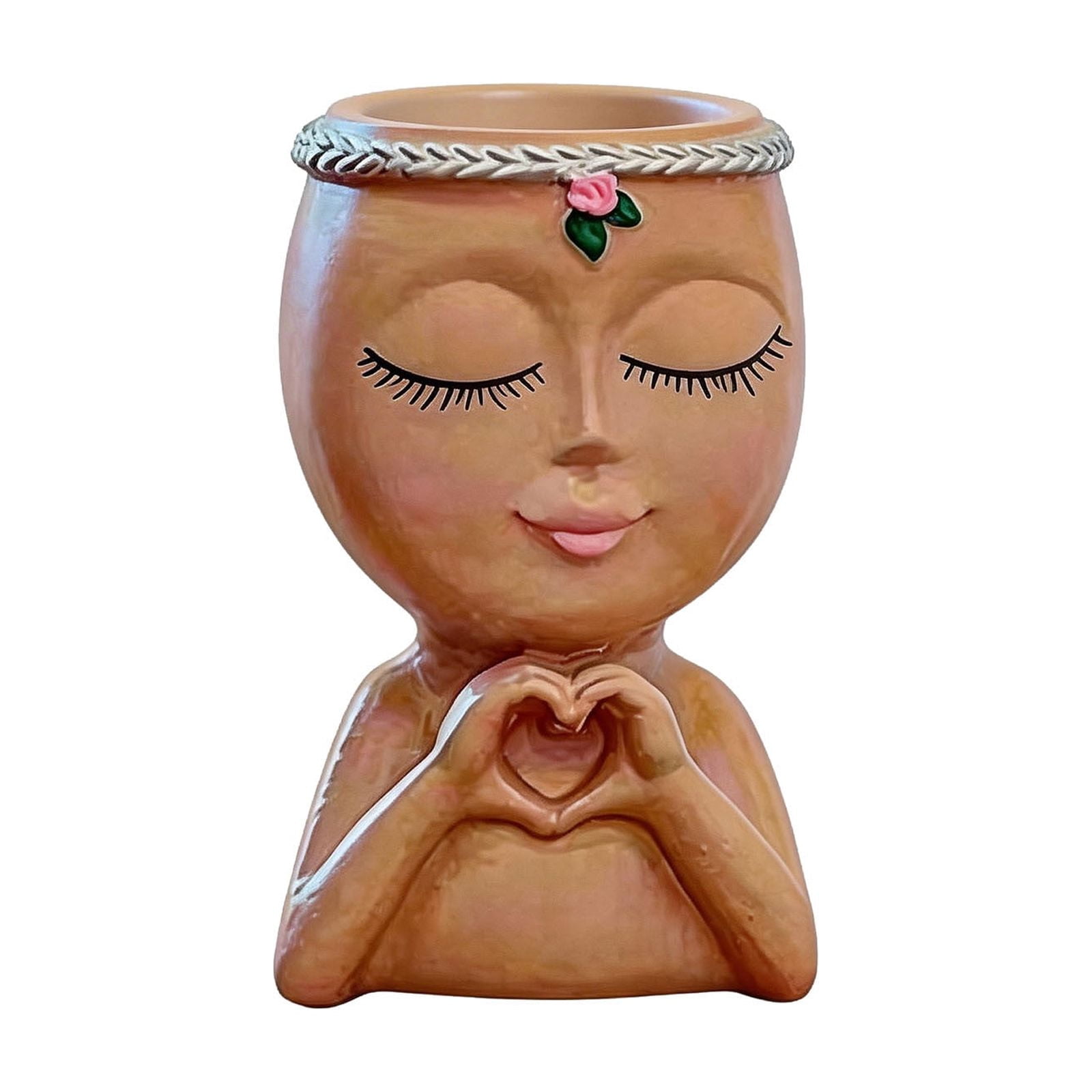 YANDE-4.8in Face Planter Pot with Heart Hands, Unique Head Planter for Indoor Plants, Cute S-ucculent Pots with Drainage Hole, Decorative Makeup Brush Holder for Vanity for Women (Brown)