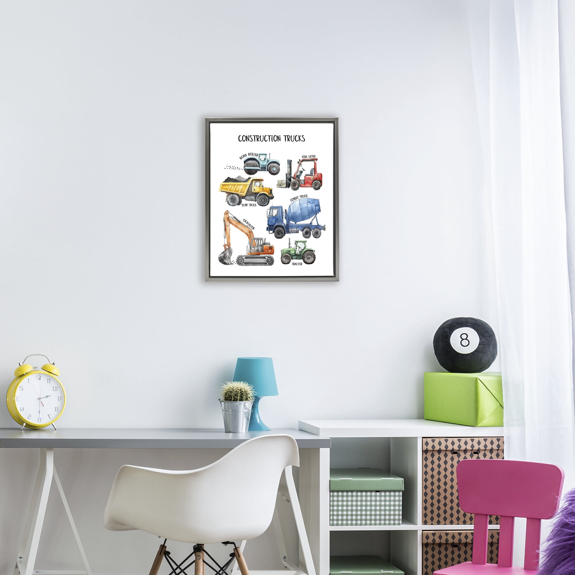 Construction Trucks Machinery Gray Framed Floater Canvas Wall Art, design by Christine Simpson Art
