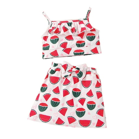 

TAIAOJING Outfits For Girls Toddler Kids Clothes Casual Beach Watermelon Print Sleeveless Strap Suspenders Top Prints Bowknot Skirt 2PCS Set Girl Clothing 9-12 Months