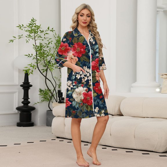 Robes for Women Zipper Lightweight 3/4 Sleeve Bathrobes for Women Zipper Front Knee Length Vintage Floral Print Casual Pajama Sleepwear with Pockets Navy S