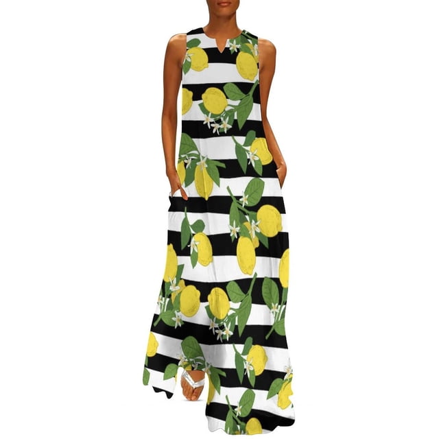 Robe Citron Aquarelle Été Rayures Bleues et Blanches Mode Coréenne Bohemia Longues Robes Design Moderne Maxi Grande Taille