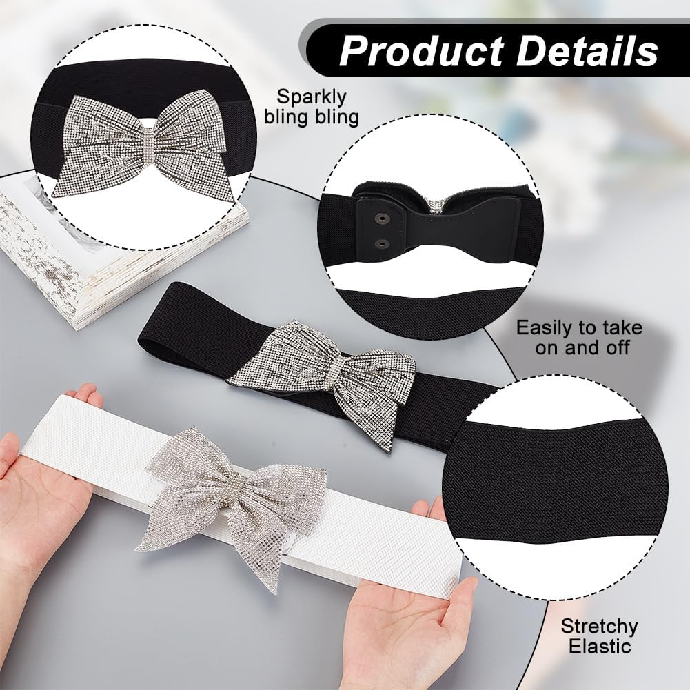 2 Pcs Rhinestone Bow Belts Bowknot Elastic Waistband  display picture 1