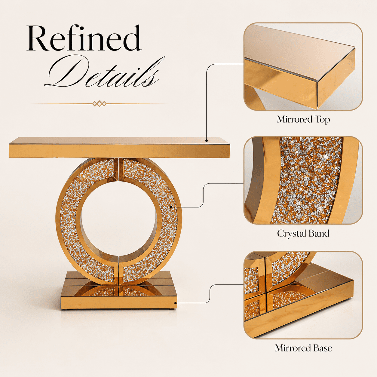 Aukfa 43" Mirrored Console Table, O-Shaped Crystal Inlay Entryway Table with Beveled Edges,Gold