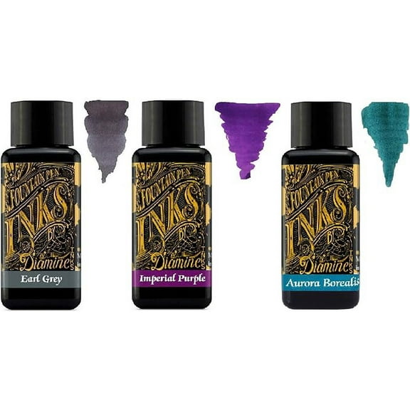 Diamine - 30ml Fountain Pen Ink - 3 Pack - Earl Grey & Imperial Purple & Aurora Borealis