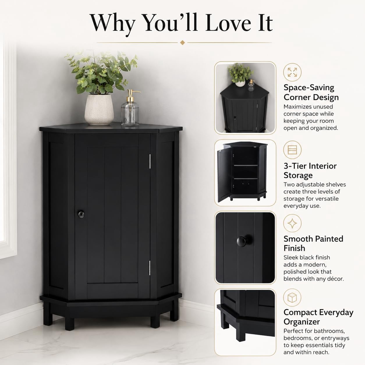 31" Corner Storage Cabinet, Wood Freestanding Triangle Floor Cabinet with Door & Shelves, Black