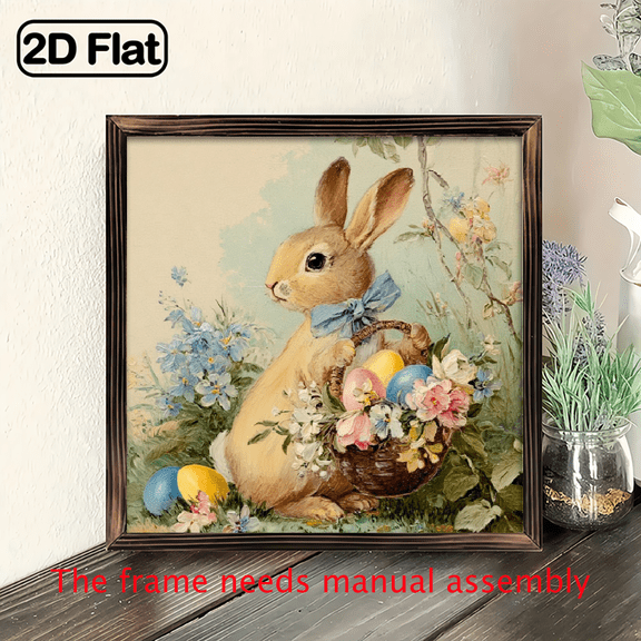 2D Flat, 1pc Vintage Easter Bunny with Basket of Colorful Eggs Spring Flowers - Wooden Framed Wall Hanging Sign, Wood Spring Garden Decor Suitable for Easter, Spring, Year-Round Home Dcor - Rustic