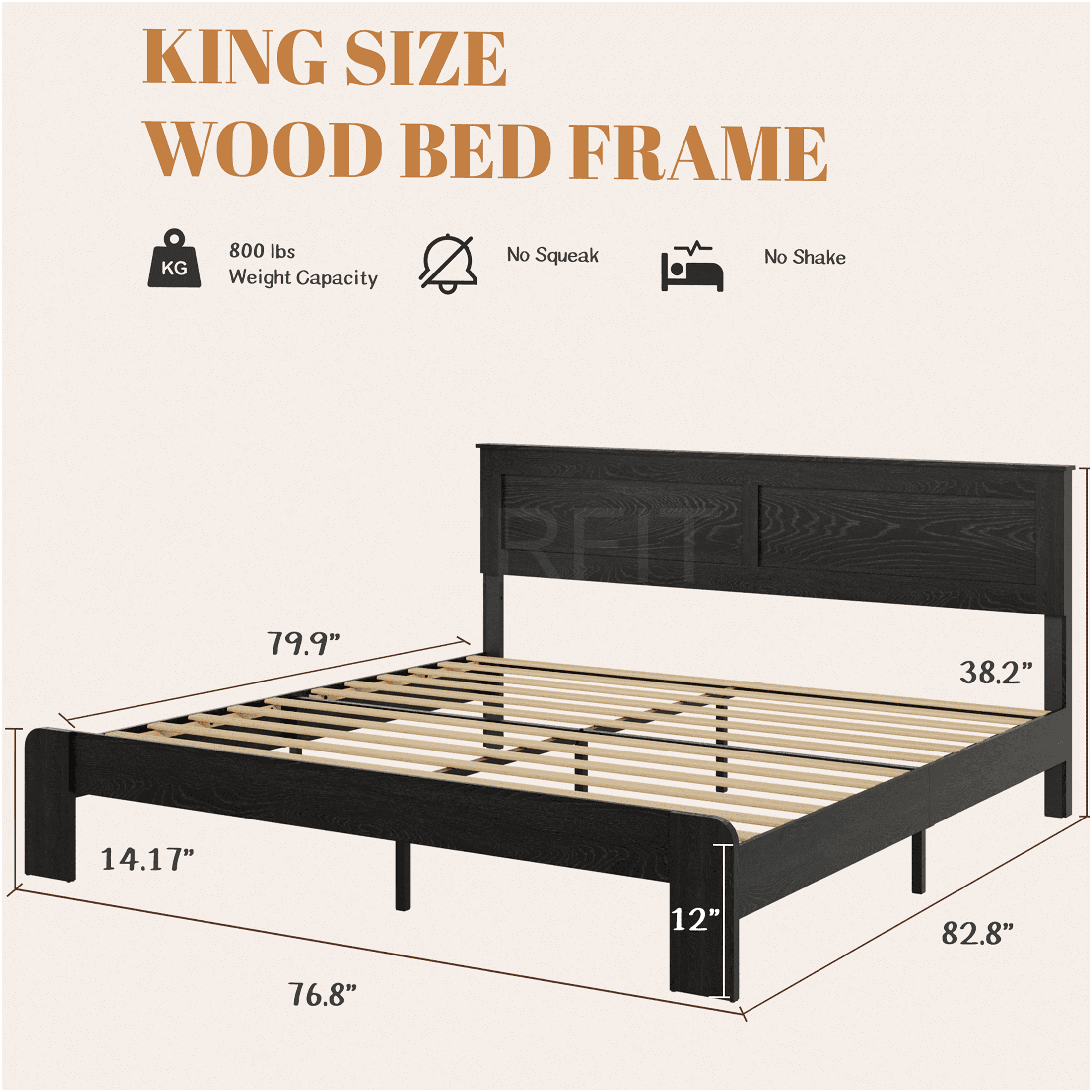 JERFIT King Size Bed Frame with Storage, Antique Black Wood Platform Bed, Noise Free Heavy Duty Metal Frame, No Box Spring Needed, Easy Assembly Tool