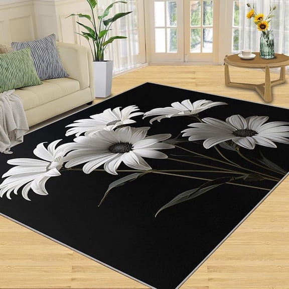 Daisy Area Rugs, Sunflower Rugs for Living Room, Gray Floral Easy Cleaning Rugs, Black Decor Washable Non Slip Floor Carpet for Bedroom 3 x 5ft