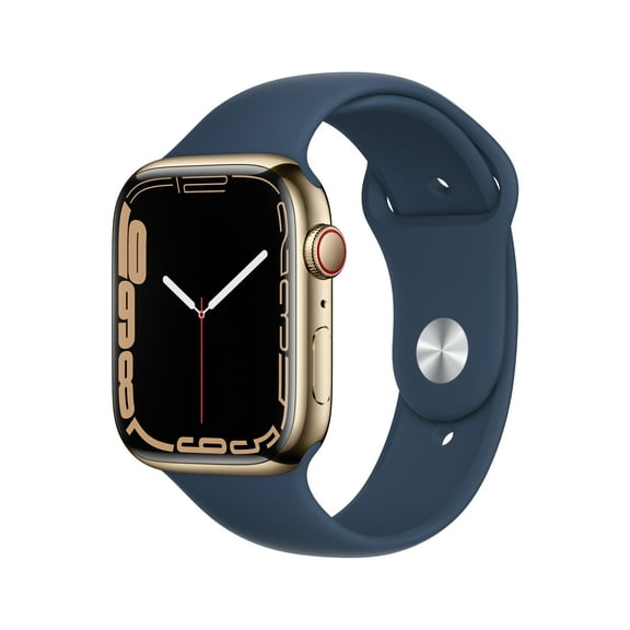 Apple Watch Series 7 (GPS   Cellular) - 45 mm - gold stainless steel - smart watch with sport band - fluoroelastomer - abyss blue - band size: Regular - 32 GB - Wi-Fi, Bluetooth - 4G - 1.82 oz