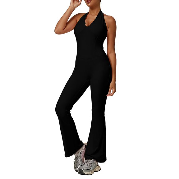 Womens Lace Collar Jumpsuit Backless Yoga Bodysuit Slim Fit Flared Leg Workout Gym Activewear Halter Neck Sleeveless Black L
