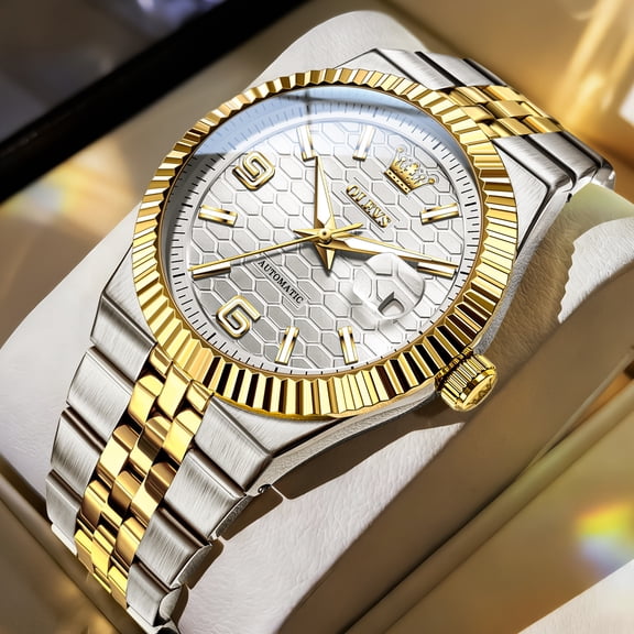 OLEVS Automatic Watches for Men Two Tone Watches Self Winding Mechanical Classic Dress Easy Read Date Plated Golden Stainless Steel Luminous Mens Wrist Watches Reloj Para Hombre