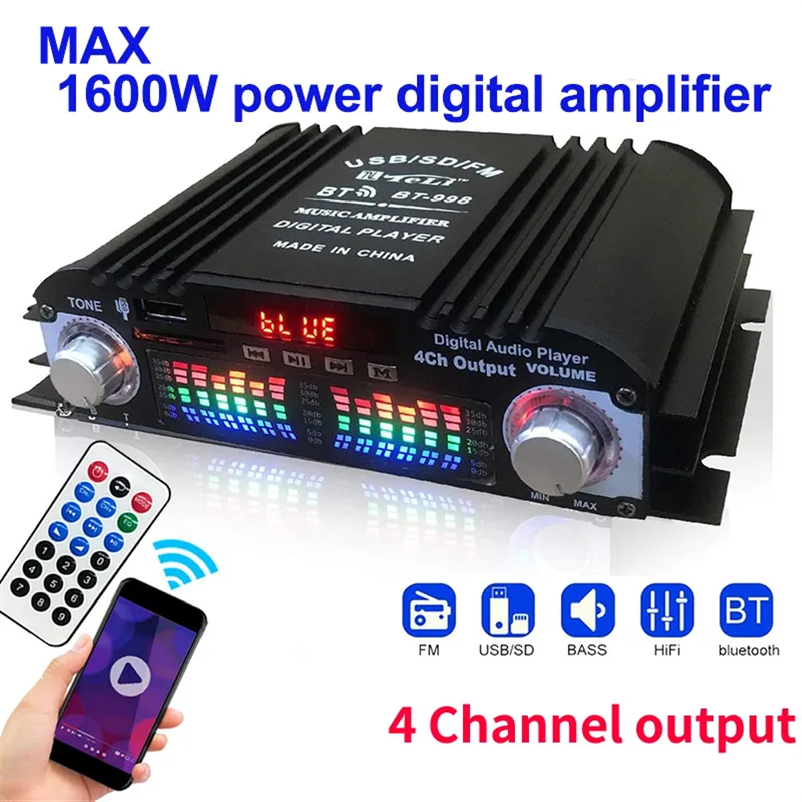 1600W Peak Power HiFi Sound Amplifier Digital 4 Channel Audio Amplifier Player FM Radio Support Remote Control ,Precision Control and Adjustment