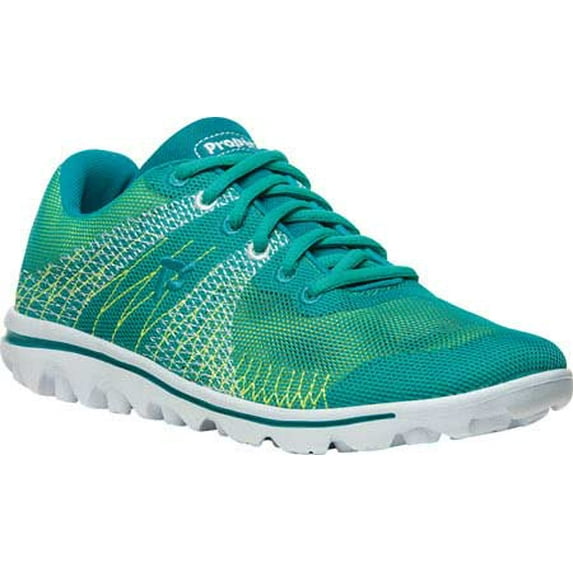 Women's Propet TravelActiv Knit Sneaker Green/Yellow 3-D Knit 6 D