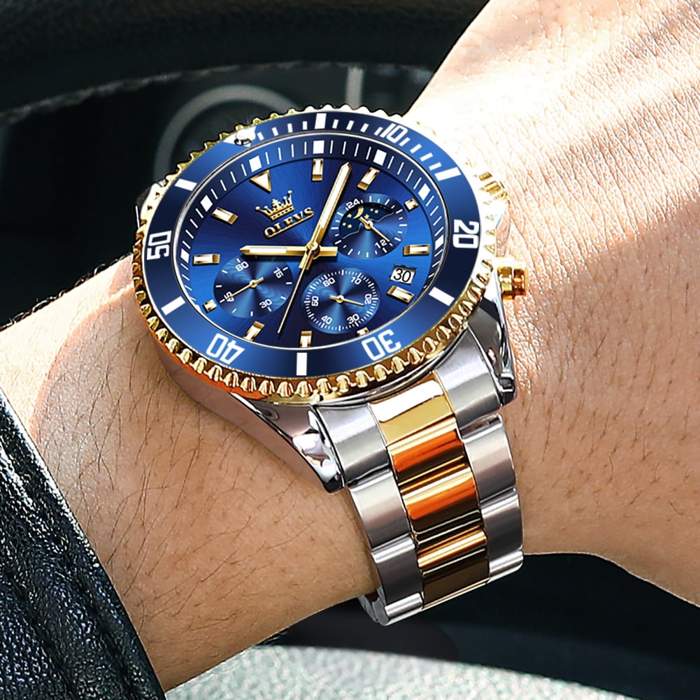 OLEVS Watches for Men Luxury Analog Quartz Chronograph Business Dress Gold Plated Stainless Steel Moon Phase Waterproof Luminous Date Casual Mens Wrist Watches Reloj Para Hombre