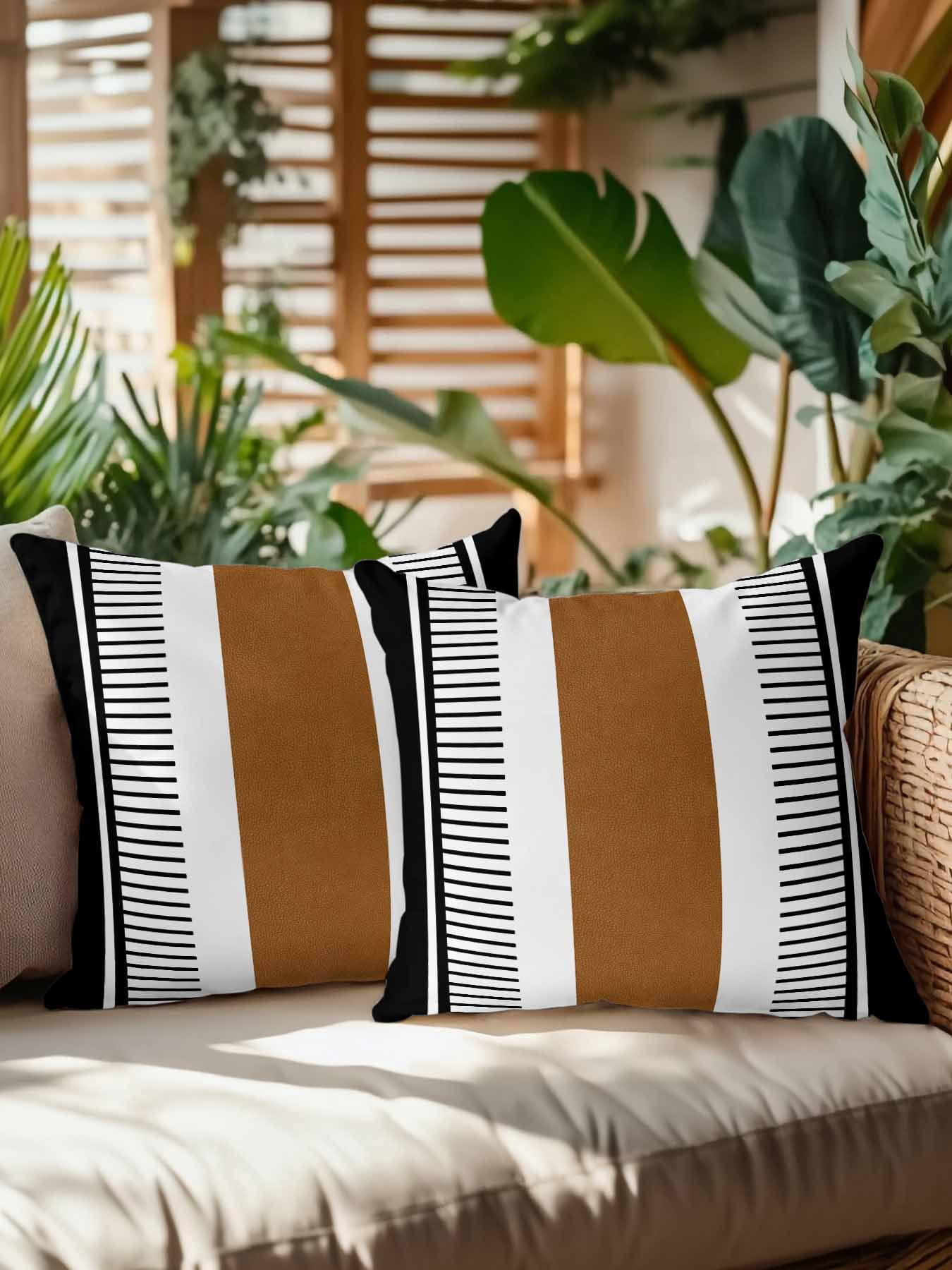 Waterproof Outdoor Throw Pillows with Inserts 18"x18" Set of 2,Modern Brown Black Soft Decorative Pillowcases for Couch Bedroom,Boho Contemporary Geometric Striped Pillow Covers for Sofa Living Room