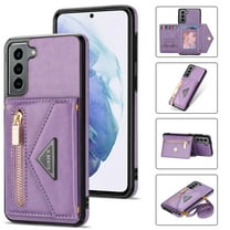 Dteck Case For Samsung Galaxy S22,Luxury Leather Zipper Card Holder Wallet Cross Body Shoulder Strap Case Shockproof Hybrid Rubber Kickstand Cover for Galaxy S22 5G,Purple