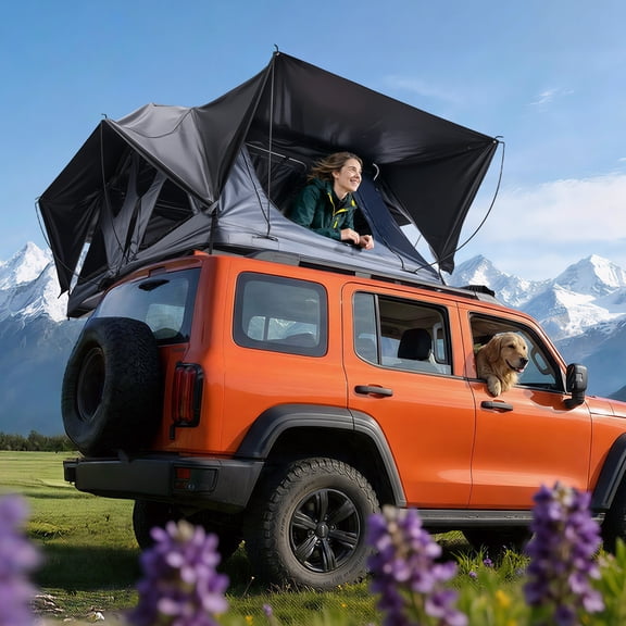 KFFKFF Foldable Aluminum Rooftop Tent for 2-3 People, Equipped with LED Lighting, Comfortable Mattress & Multiple Windows, Durable and Weather-Resistant Design for Camping on SUVs, Jeeps, and Trucks