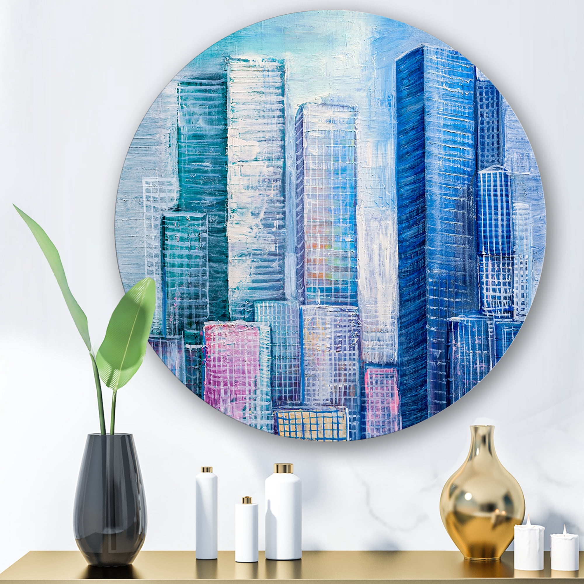 Designart 'Abstract Style Cityscape Panorama Skyscrapers I' Modern Circle Metal Wall Art 23x23 - Disc of 23