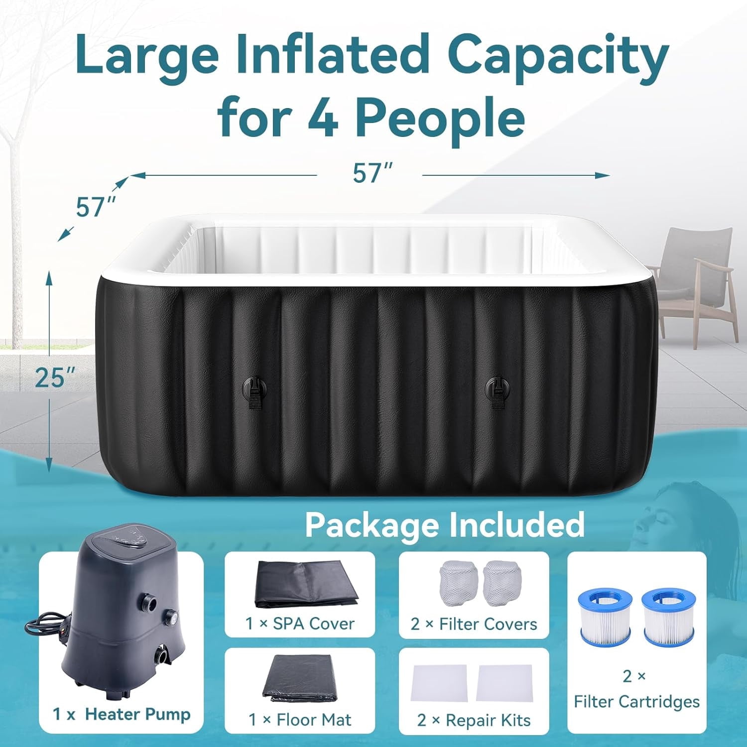Outdoor Inflatable Hot Tub Spa for 4 Person, Square 185 Gallon Air Jet Hot Tub with 110 Bubble Jets, Pool Heater, Insulated Cover and Filters, Portable Hot Tubs for Patio, Backyard