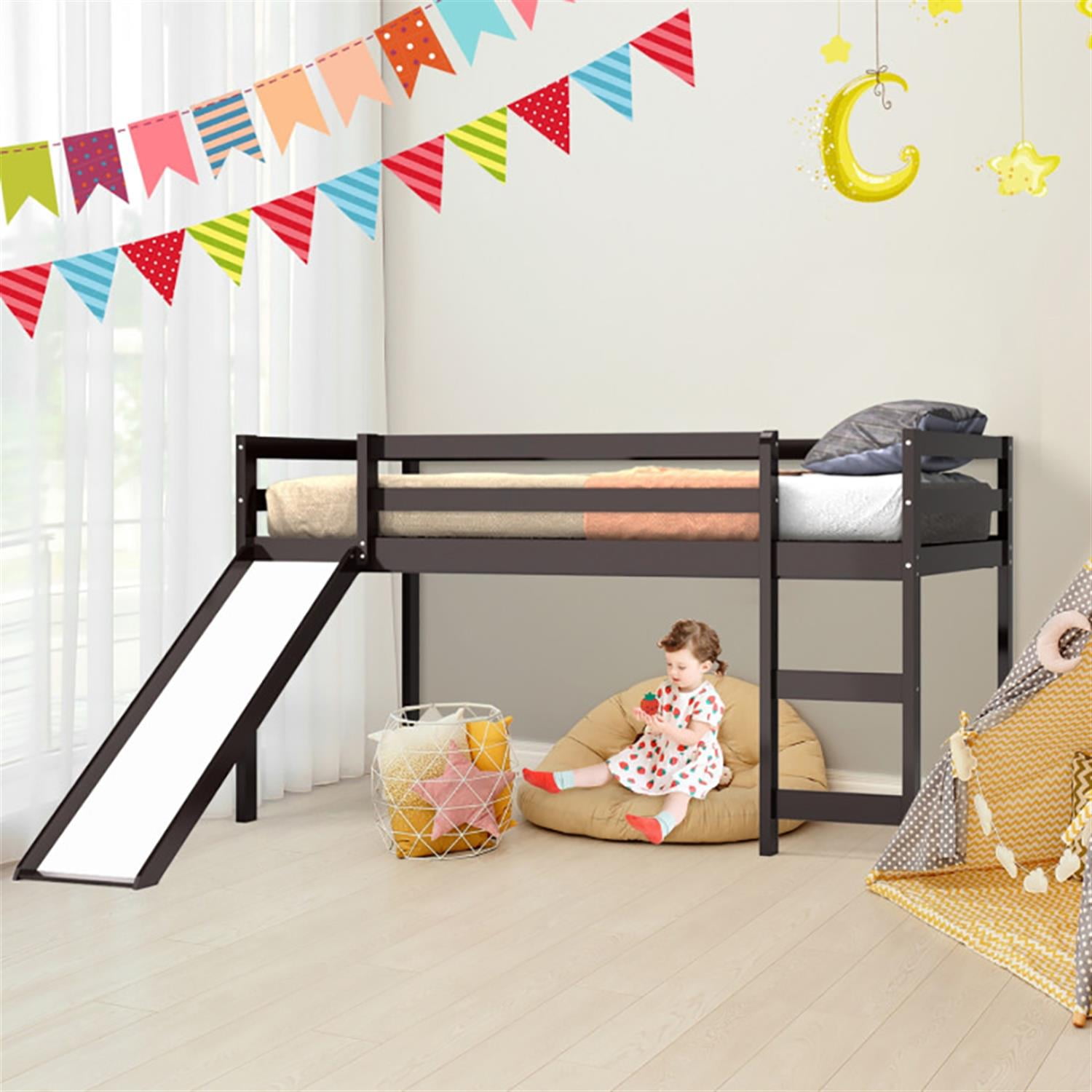 Demi Bonn Twin Over Twin Floor Bunk Bed with Slide and Ladder, Solid Pine Wood Low Bunkbeds with Safety Guardrails for Dorm, Bedroom, Guest Room, Brown