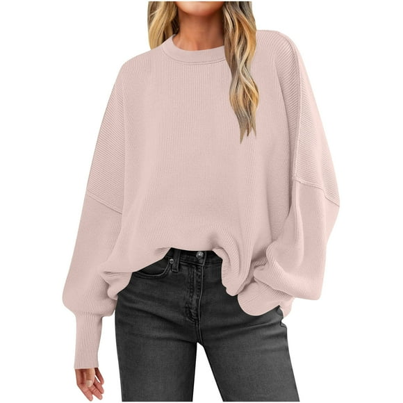 Lenpel Oversized Sweaters for Women Casual Loose Long Sleeve Crew Neck Ribbed Knit Sweater Tops Pullover Tunic Sweaters(Pink,Large)