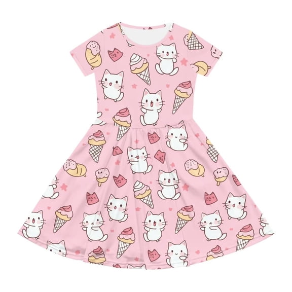 WhouRiu Girls Casual Cartoon Graphic Dresses Short Sleeve Crew Neck A Line Dress Kids Comfortable Cute Summer Everyday Sundress,4-5 Years