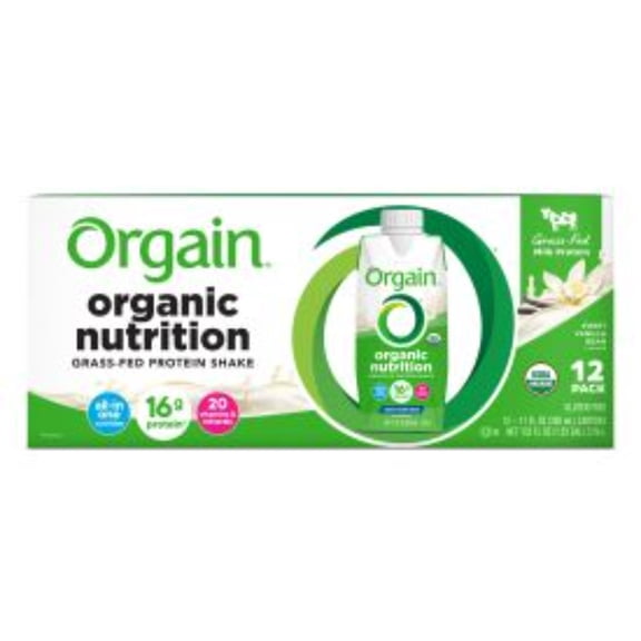 Orgain Organic Nutrition Shake, Grass Fed Protein, Vanilla Bean 11oz, 12ct