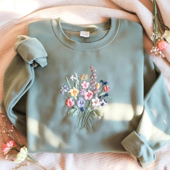 Floral Embroidered Wildflower Bouquet, Cottagecore Style, Sweatshirt