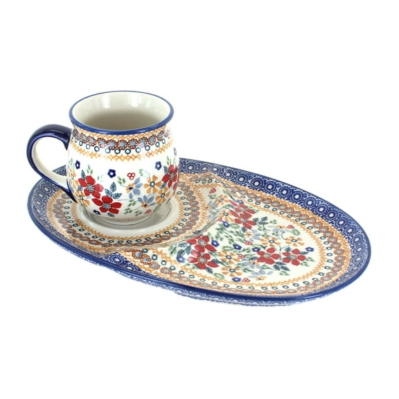 Blue Rose Polish Pottery Red Daisy Breakfast Plate & Bubble Mug Set