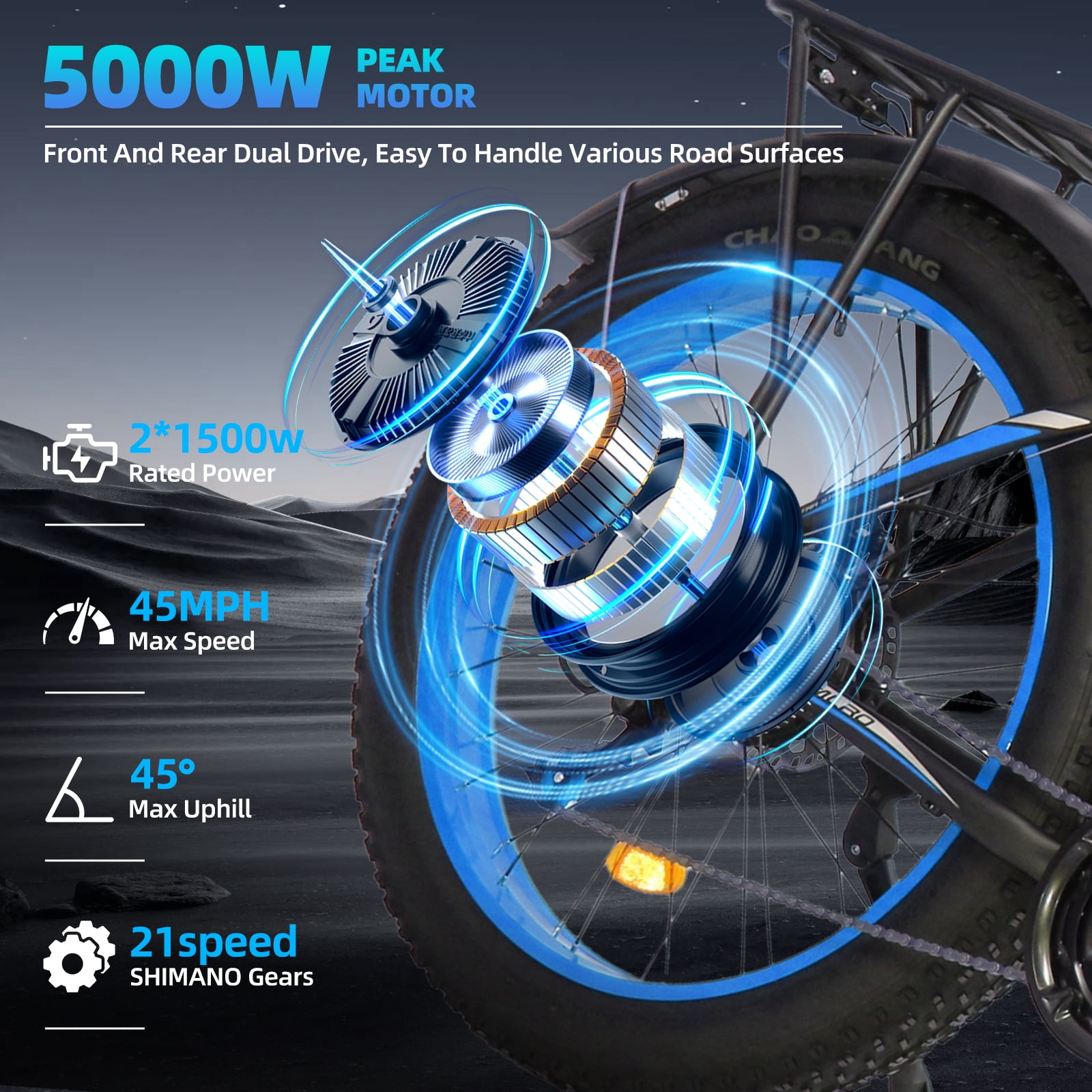 Electric Bike for Adults, 26x4.0 Fat Tire E-Mountain Bicycle, Peak 5000W Motor 52V-30Ah, Mountain Bike Beach Snow Ebike for Men, Blue
