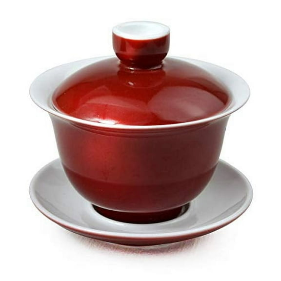 Porcelain Gaiwan 7oz Teacup White Red Glazed Cup Tureen Chinese Sancai Cover Bowl Lip Cup Saucer Set