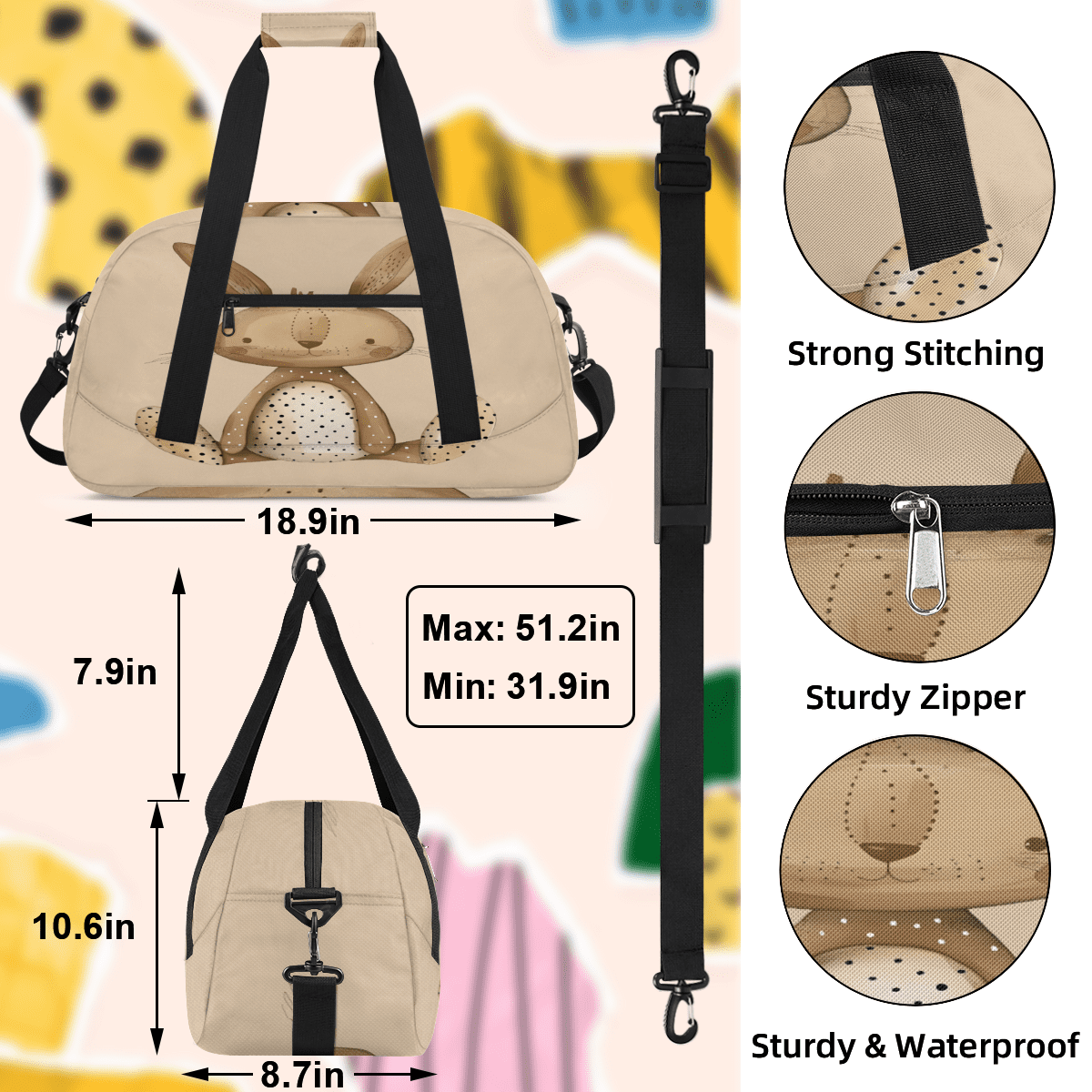 Herdesigns Cute Bunny Sports Duffle Bag for Women & Men, Gym Bag Dance Bag Overnight Bag Carry On Weekender Travel Bag