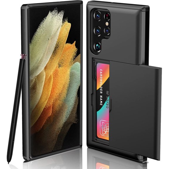 Compatible with Samsung Galaxy S23 Ultra Case Wallet with Card Holders Slide Slot Shockproof Slim Hard PC Case Heavy Duty Protective Cover for Samsung Galaxy S23 Ultra for Women & Men (Black)