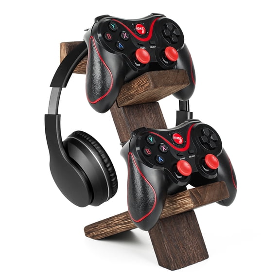 Game Controller Holder Headset Stand 2-Tier Universal Controller Gaming PC Accessories Storage Rack Headphone Stand for Xbox Series PS5 PS4 Wood