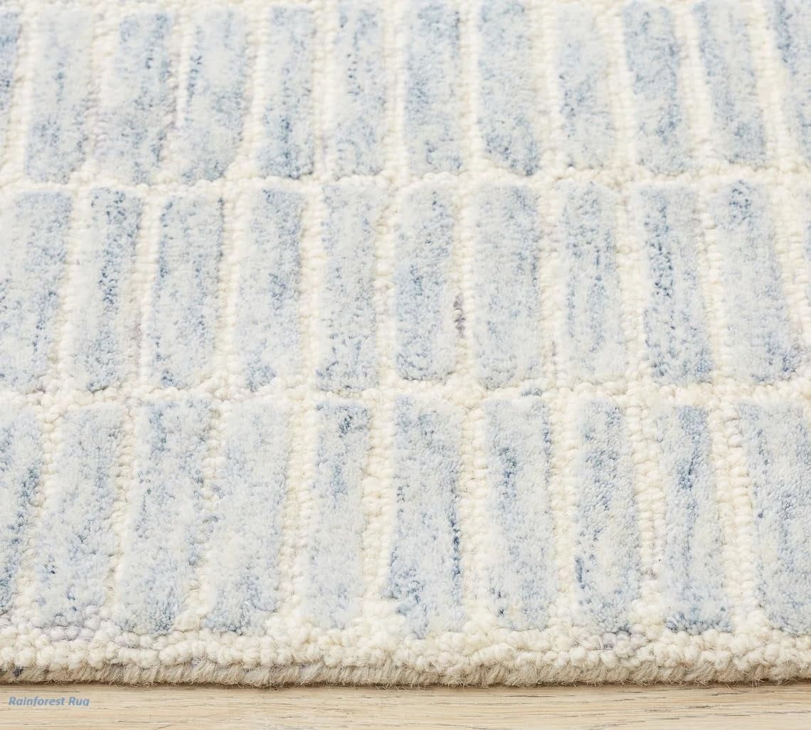 Handmade Capitola Space-Dyed Wool Area Rug with Cotton Backing, Modern Grid Design, Blue Space, 9x12, for Living Room, Bedroom, Dining Room, Office