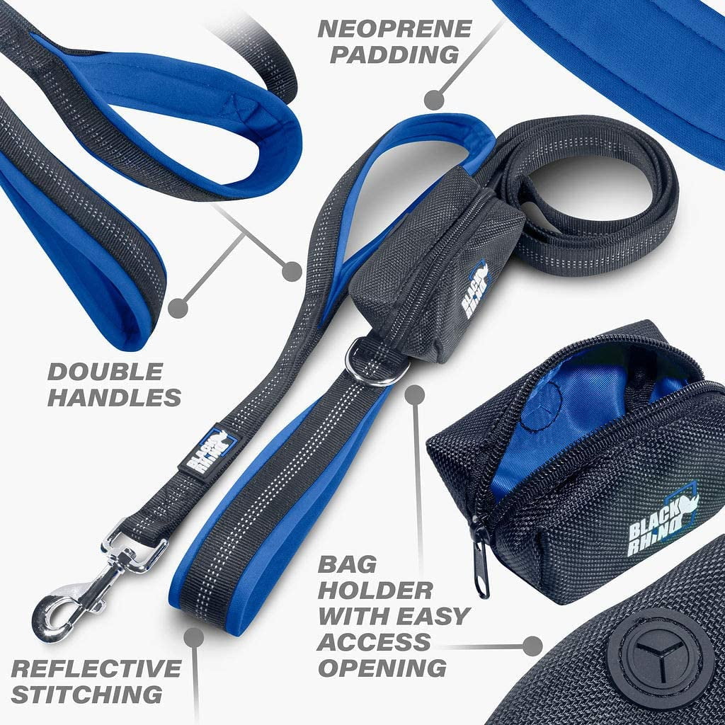 BLACK RHINO Heavy Duty Dog Leash Double Handle Reflective (6 Feet, Blue)
