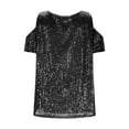 thumbnail image 5 of Ohufall Cold Shoulder Tops for Women Short Sleeve Trendy Sequin Streetwear T-shirts Casual Loose Fit Crew Neck Tee Shirts, 5 of 6
