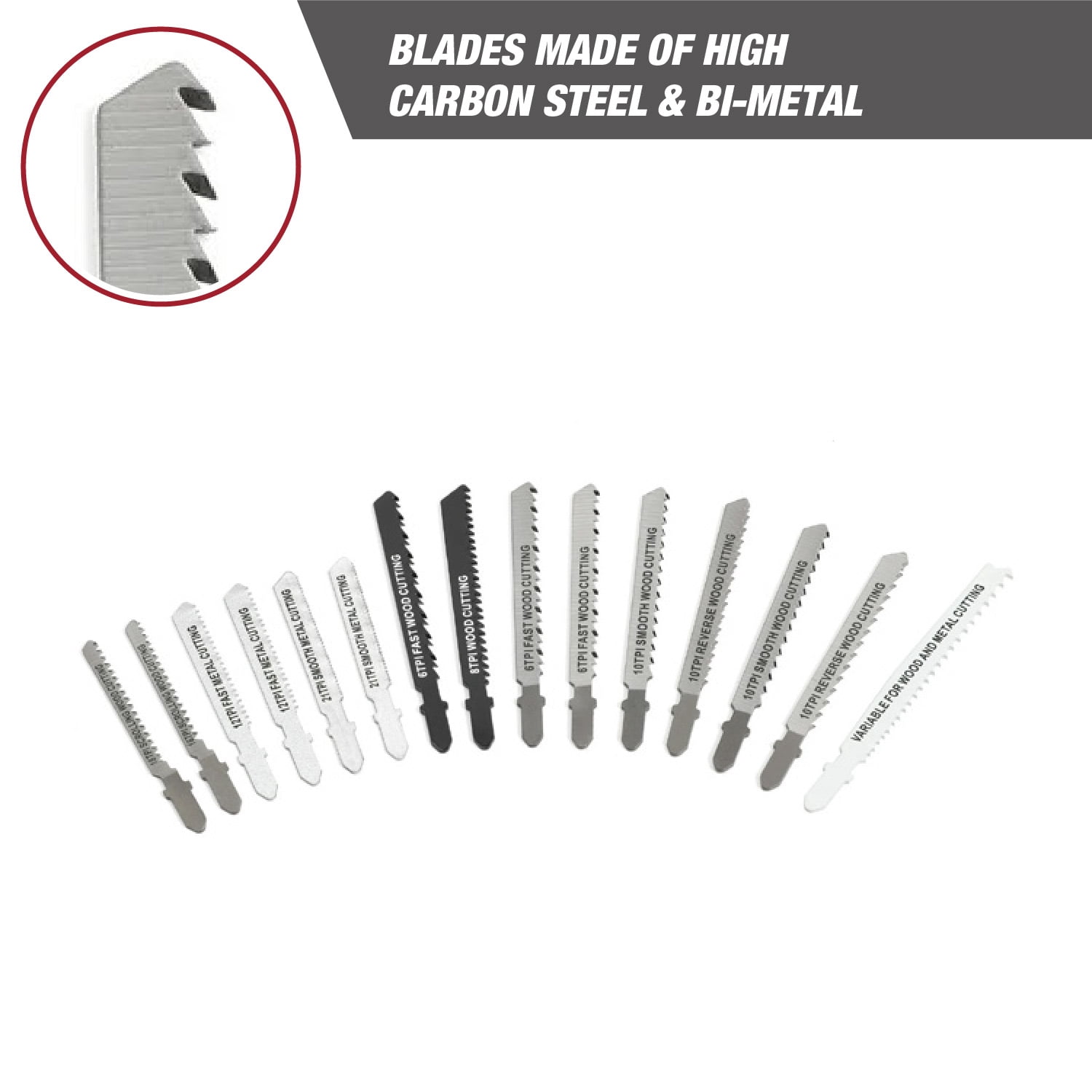 Hyper Tough 15-Piece T-Shank Jigsaw Steel Blade Set in Click Fit Case