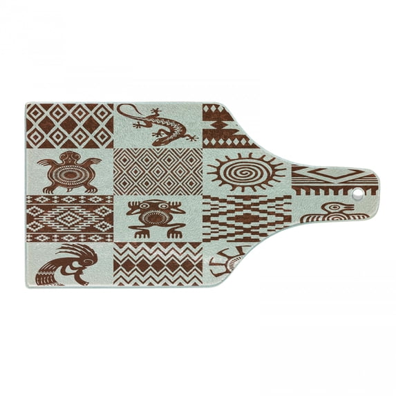 Southwestern Cutting Board, Frames with Patterns and Grunge Look, Decorative Tempered Glass Cutting and Serving Board, Wine Bottle Shape, Redwood and Eggshell, by Ambesonne