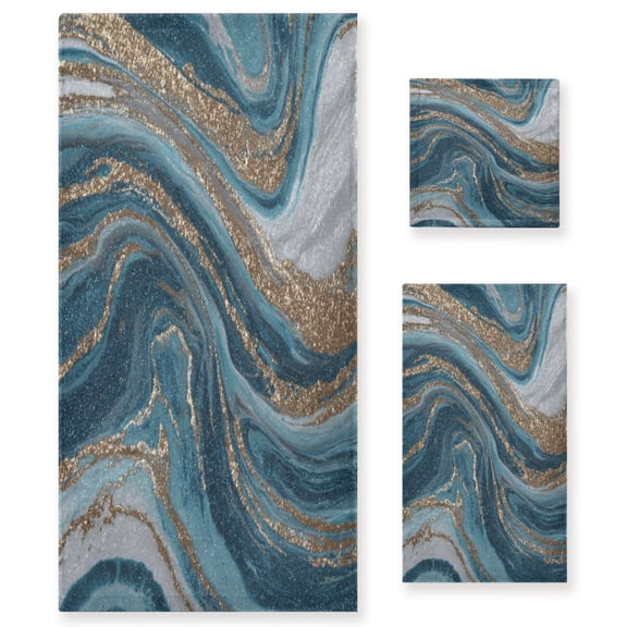 3 Piece Bath Towels Set Bath Towel, Hand Towel and Face Towel for Bathroom, Gym, Hotel Blue and Gold Swirling