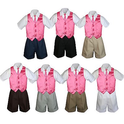 

4pc Set Boy Toddler Formal Coral Pink Vest and Necktie Black Khaki Shorts S-4T