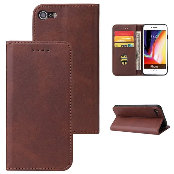 Leather Wallet iPhone 16e Case (Brown) Magnetic Folio Card Slot Holder Flip Kickstand Shockproof Cover
