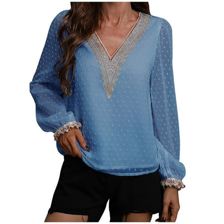 

Long Sleeve Shirts for Women Long Sleeve Crop Top Women s Leisure Sexy Trendy Chiffon Plain Color Patchwork Lace Long Sleeve Shirt T Sleeve Top Blouse Going Out Tops Square Neck Tops Blue L