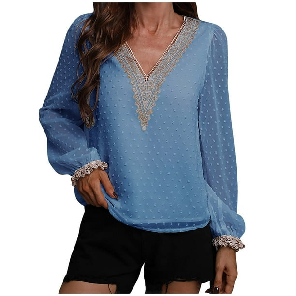 Blusa de manga larga de encaje de retazos de Color sólido de gasa de moda Sexy informal para mujer Pompotops hkajfhjk472096