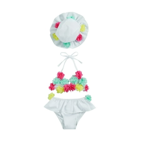 

Infant Baby Girls 3Pcs Summer Swimsuits Halter Triangle Tops Ruffle Shorts Sun Hat Bikini Set Flower Bathing Suit (0-24Months)