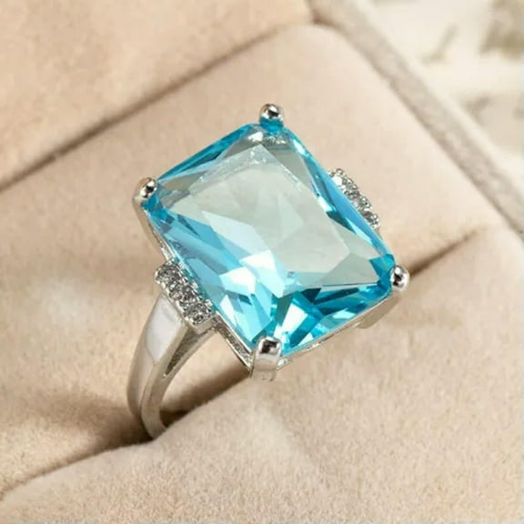 12*16mm Aquamarine Blue AAA CZ Band Women's 925 Silver Engagement Ring Size 6-12