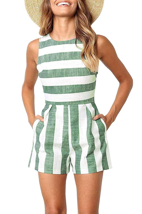 Women Striped Jumpsuit Sleeveless Short Pants Casual Printed Romper